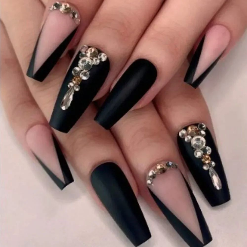 3for$20 24pcs Long Coffin Rhinestone Decor Nail & 1sheet Tape & 1pc Nail file